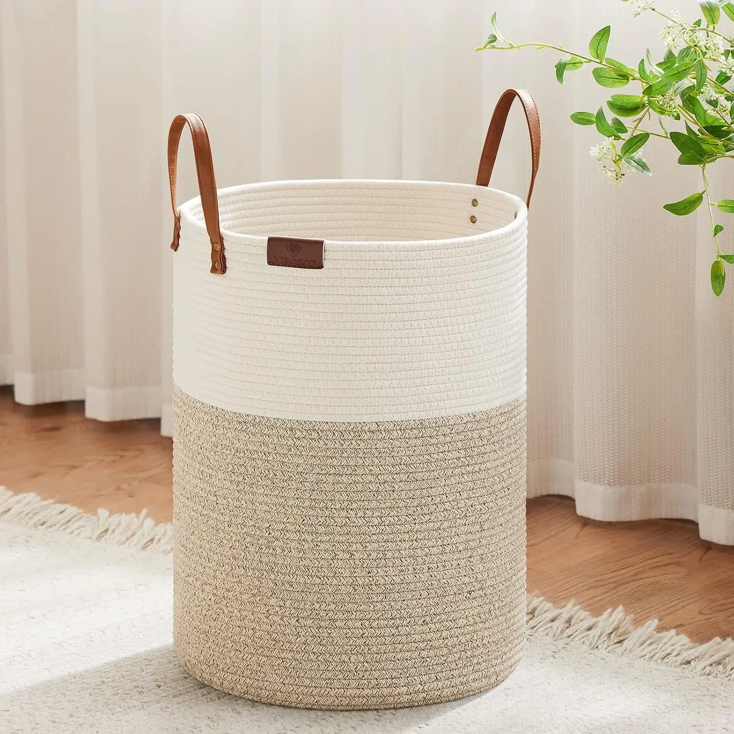 53L Tall Woven Rope Laundry Hamper, Leather Handles, White & Brown | Large Wicker Laundry Basket for Dirty Clothes, Blanket, Toy, Towel, Yoga Mat, Storage Bin in Bedroom, Bathroom, Living Room