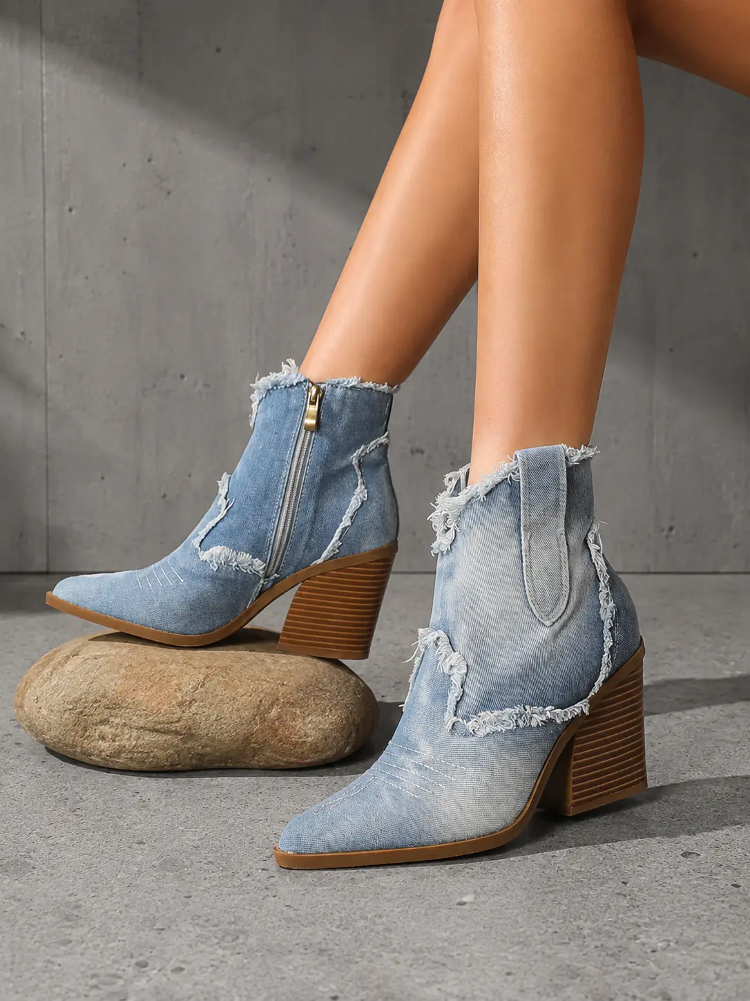 Women's Distressed Denim Western Ankle Booties, Pointed-Toe Chunky Block Heel Boots with Frayed Trim and Side Zipper, Y2K Country Festival Shoes