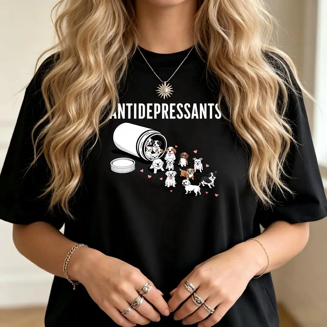 Women's Oversized Tshirt with Antidepressants Cats Graphic Print, Chic Drop Shoulder 100% Cotton Short Sleeve Tee for Streetwear