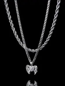 Men's Stainless Steel Angel Wings Necklace Set, Hip Hop Street Style Dual Layer Pendant, Fashion Jewelry for Men