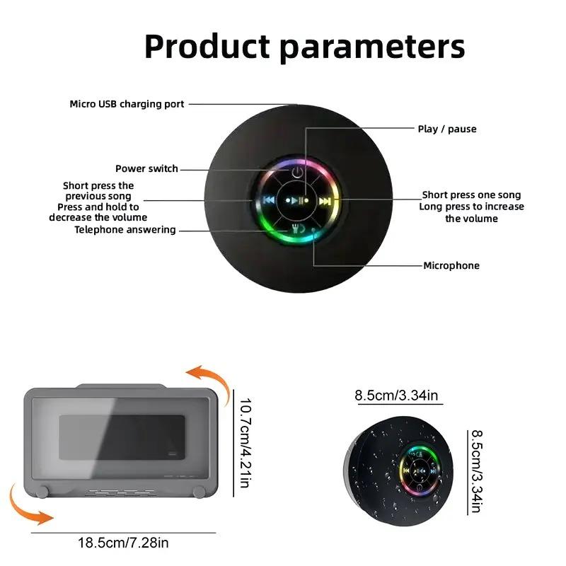 Waterproof Bluetooth-Compatible Speaker with LED Lights, Portable Wireless Mini Speaker for Bathroom, Kitchen and Outdoor Use, IPX4 Water-Resistant