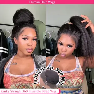 Invisible Strap HD 360 Lace Front Wigs Human Hair Kinky Straight 250 Density Precut 360 Full Lace Wig Drawstring Glueless Wig