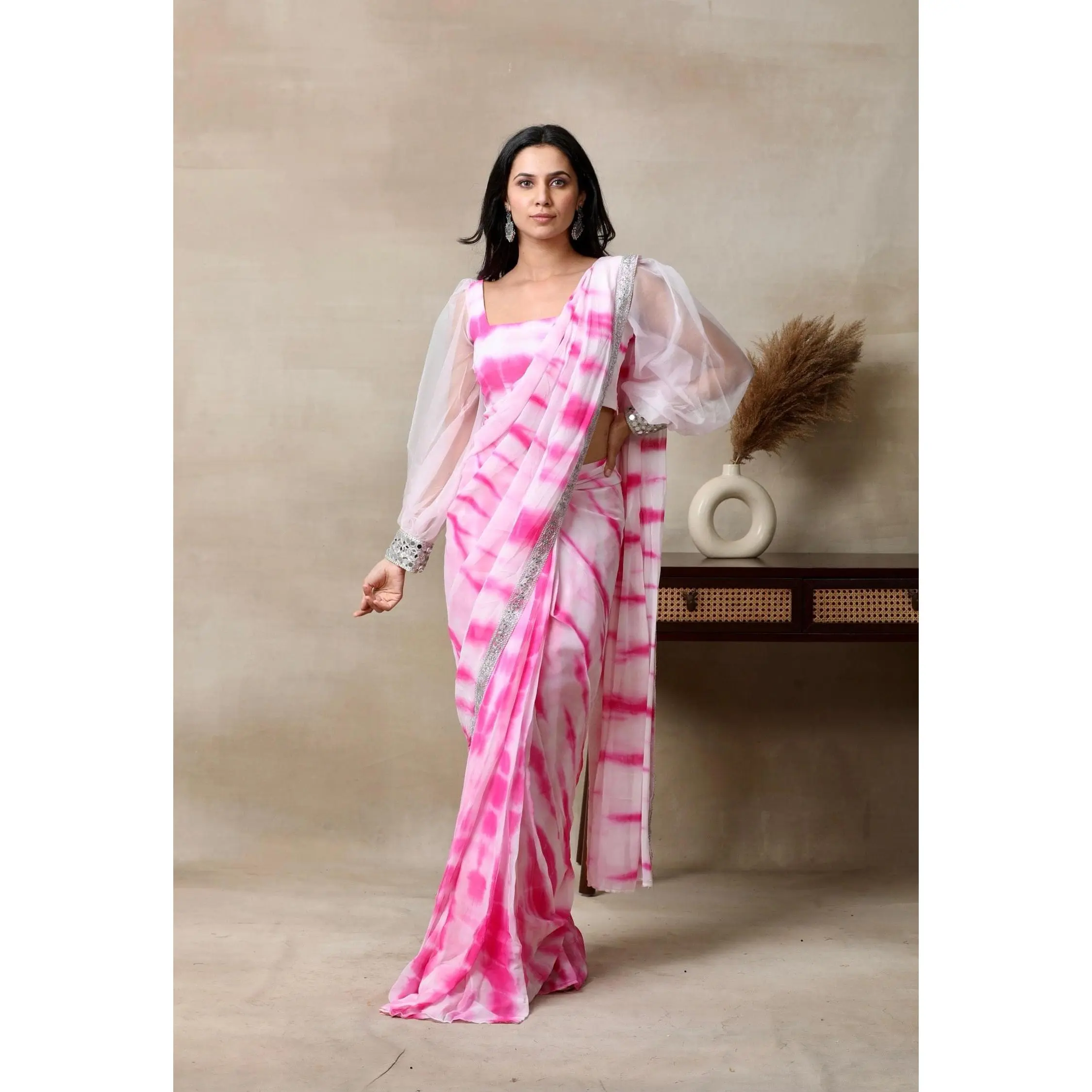 Hot Pink Tie Dye Stitched Saree