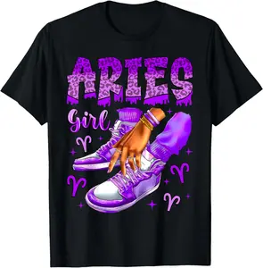 Cotton(pure) Aries Girl Birthday Black Women Sneakers Zodiac Sign T-Shirt