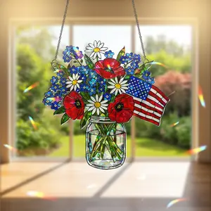 Patriotic Flower Suncatcher, Holographic Acrylic American Flag Jar Window Hanging, 4th of July Decor, Red White Blue Floral Sun Catcher, Independence Day Window Decor, Gift for Home