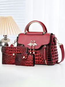 3-piece women's bag set, crocodile-embossed PU leather ladies handbag, stylish and versatile shoulder and crossbody bag, perfect Mother's Day gift for mom and elders