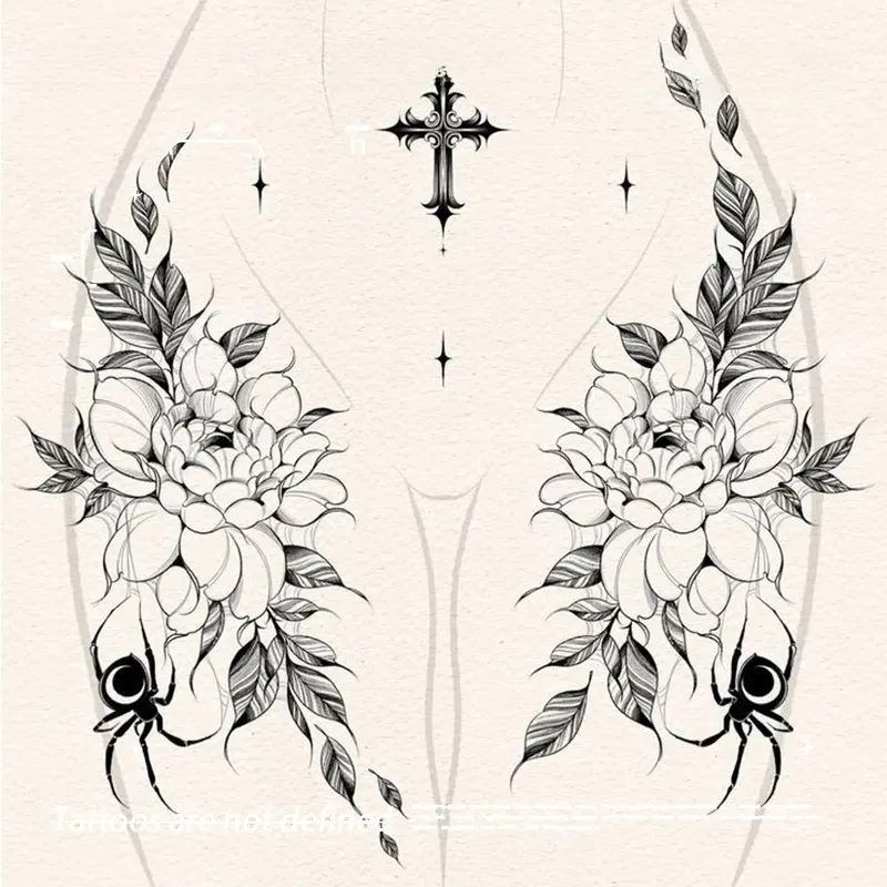 Flower & Cross Pattern Temporary Tattoo Sticker, 1 Count Waterproof Fake Tattoo Sticker, Sticker Tattoos, Body Art Decoration for Women & Girls, Tattoo Paper