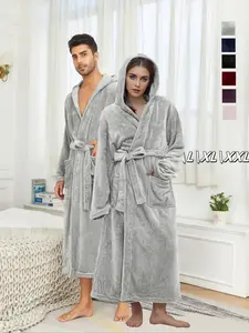 Couple's Solid Belted Hooded Flannel Robe, Casual Long Sleeve Pocket Design Bathrobe, Warm Comfy Couple Sleepwear for Fall & Winter, Women