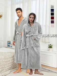 couple's solid belted hooded flannel robe, casual long sleeve pocket design bathrobe, nightwear, warm comfy couple sleepwear for fall & winter