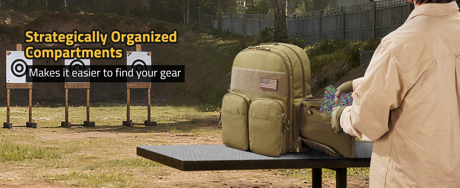 Tactical Range Backpack for Men with Stable Support, Shooting Backpack with Pistol Storage Cases, Range Bag with Removable Divider, Lockable Zipper Design Daypack for EDC Work, Black/Khaki Tactical Range Backpack for Men with Stable Support, Shooting Backpack with Pistol Storage Cases, Range Bag with Removable Divider, Lockable Zipper Design Daypack for EDC Work, Black/Khaki