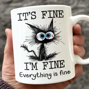 Fun Black Cat Coffee Cup,It'S Fine Everything Is Fine, Christmas And Birthday Gift For Cat Lovers, Fun Coffee Cup, Suitable For Ladies And Men, Humorous Office Mug,11oz Ceramic Coffee Cup White Beverage