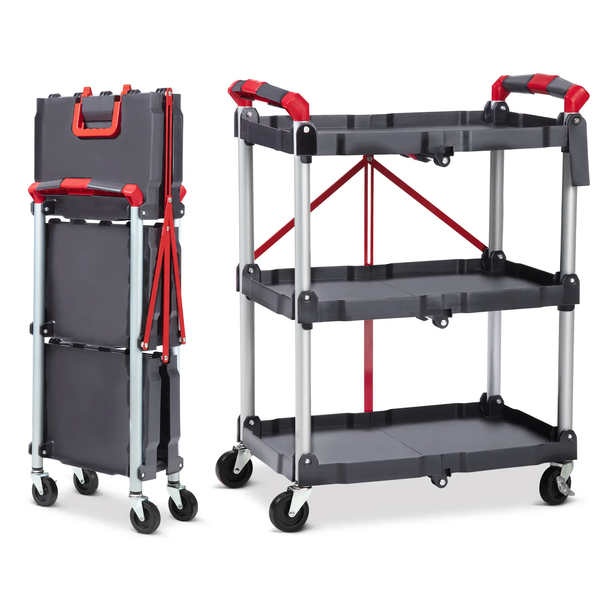 Portable Folding Service Cart, 3 Tier 56LBS Capacity Folding Utility Cart Rolling Utility Foldable Cart with Wheels for Warehouse Home Workshops Garages Restaurants Offices