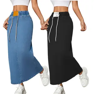 JUNBAOSS Women's Casual Stretch Mid Rise Long Denim Skirt with Drawstring, A Line, Fitted, Hipster Streetwear, Basic Black Cotton Fabric, Comfortable Fit, Fashionable Design, Durable Materials, 2 Pockets