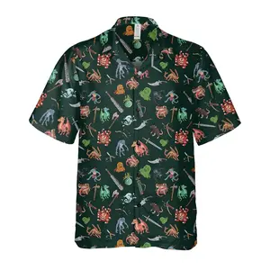 DND Monster Hawaiian Shirt - Unisex RPG Beholder Creatures & Weapons Pattern Button-Up in Vibrant Colors for Casual Wear - Menswear