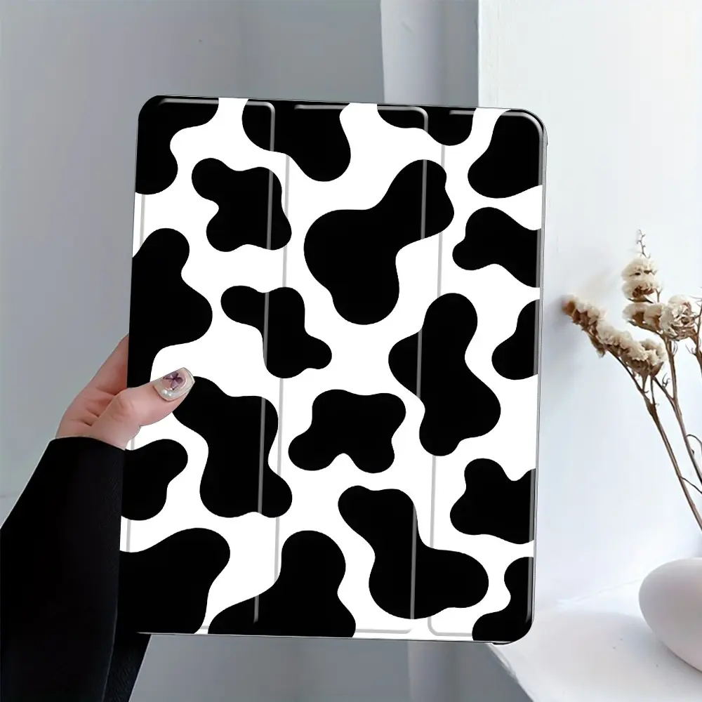 Cow Print iPad Protective Case, Ipad Tablet Accessories, Black & White Animal Print Auto Wake/sleep, Anti-Drop Scratch-Resistant, Transparent Acrylic Back, Fits iPad 7.9/10.2/10.5/10.9/11/12.9 inch, Shock-resistant Full Cover
