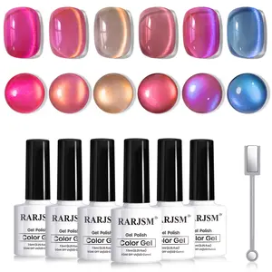 RARJSM Ceramics Glitter Cat Eye Gel Nail Polish Set 6Pcs Pink Light Purple Gold Brown Blue Velvet Shimmer with Magnetic Stick UV LED Curing for Home Salon Nail Design