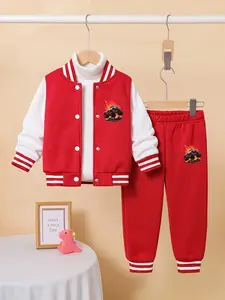 Boys' Monster Truck Hellfire Letter Print Two-Piece Set, Thick Baseball Jacket & Long Pants, Fall Winter Casual Kids Youth Kits