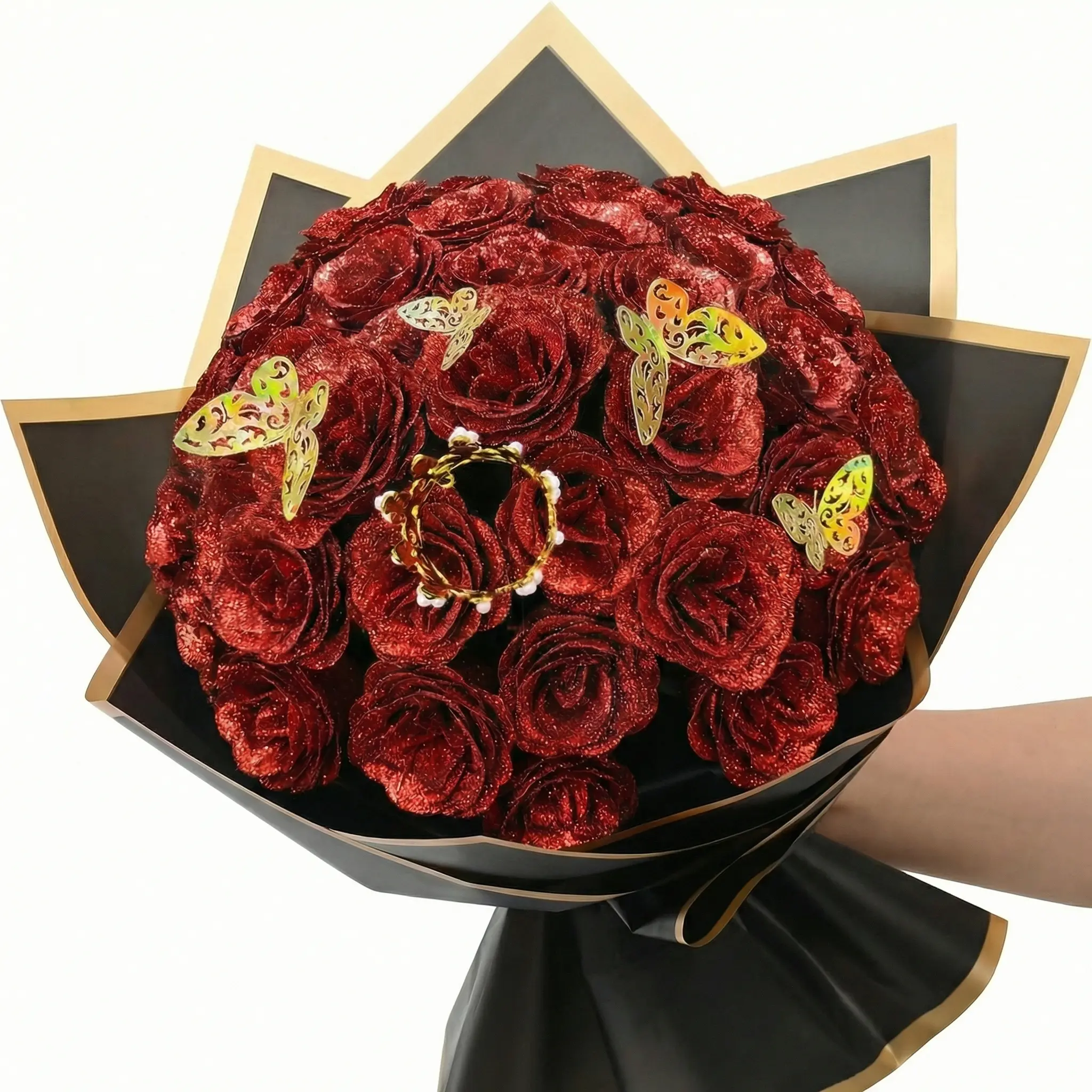 Decorative 24-Pcs Red Glitter Plastic Rose Bouquet - Silk Faux Flowers Lifelike Fake Plant DIY Kit, Floral Decor for Home Decor, Valentine’s Day Gifts for Women, Crowns Accessory