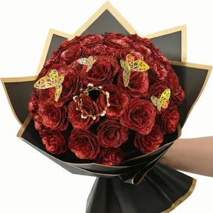 Glitter Roses Bouquet 24 Pcs Red Artificial Rose Flowers, DIY Fake Flower Bouquet Kit for Birthday Gifts, Valentines, Mother’s Day, Anniversary, Graduation, Gifts for Women, Mom, Grandma, Wife, Girlfriend.