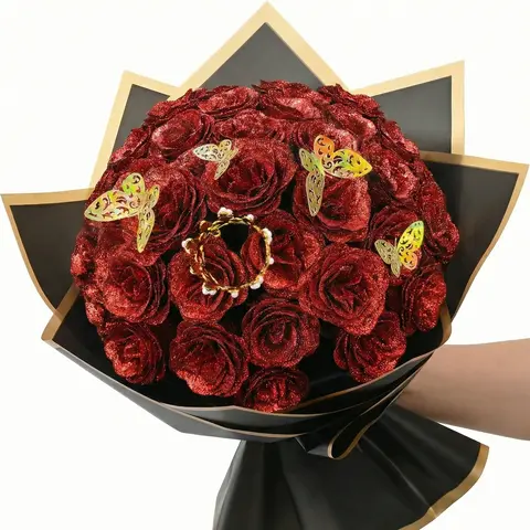 24Pcs DIY Sparkle Glittered Plastic 24 Red Glitter Roses Bouquet Set with Stems - Lifelike Fake Plant Decor Kit, DIY Craft Accessories, Crowns, 6 Butterflies, Home Decor, Women's Birthday Anniversary Gifts