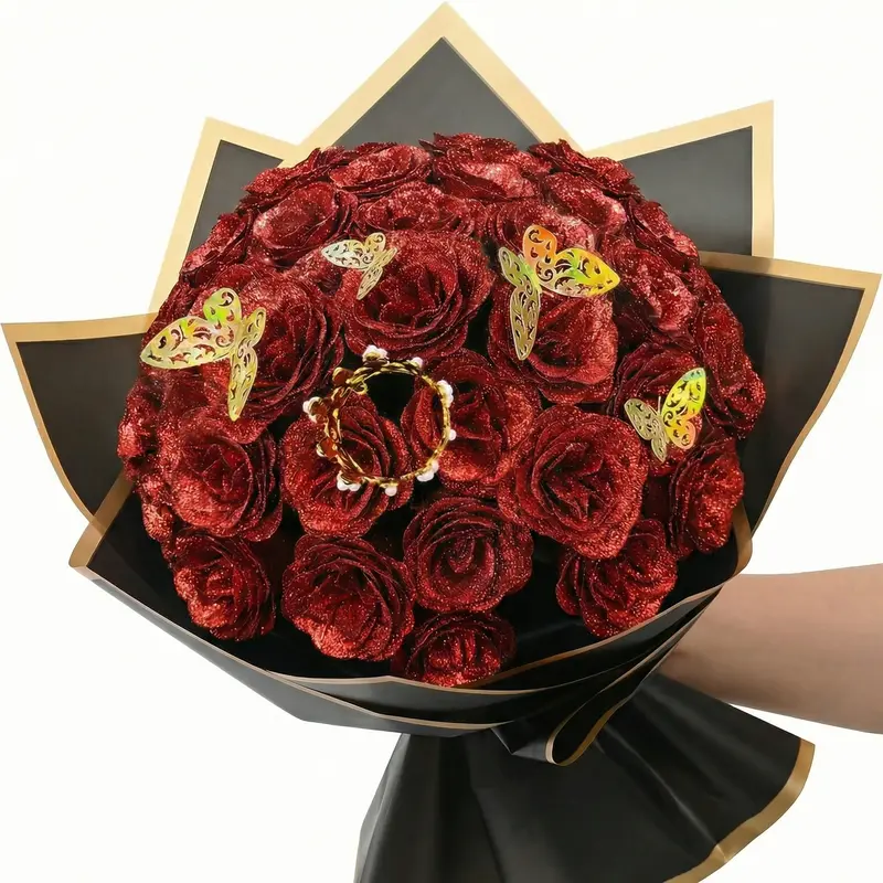 24Pcs DIY Sparkle Glittered Plastic 24 Red Glitter Roses Bouquet Set with Stems - Lifelike Fake Plant Decor Kit, DIY Craft Accessories, Crowns, 6 Butterflies, Home Decor, Women's Birthday Anniversary Gifts