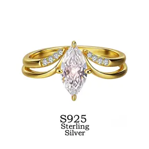 V-Shaped Marquise Ring Set – 925 Sterling Silver 2-Piece Stackable Set with Cubic Zirconia, Unique Luxurious Chevron Wedding Band, Anniversary Gift for Her Lover Wife