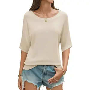 Imily Bela Womens Short Sleeve Sweater Summer Batwing Trendy Casual Boat Neck Lightweight Loose Fitting Knit Tops