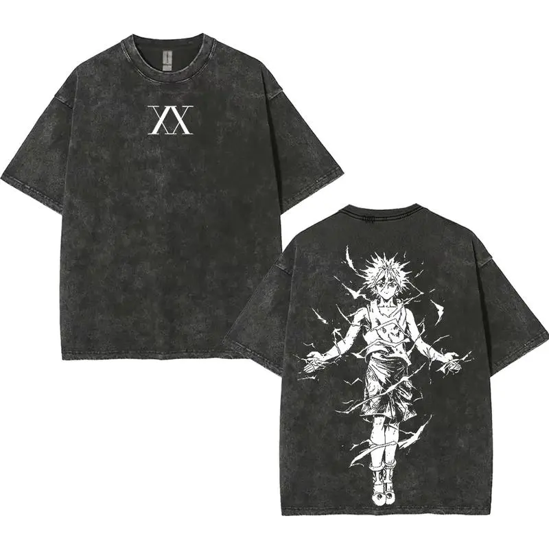 valentine shirts Hunter x hunter HXH Killua Zoldyck Anime Manga Game Double Printed Acid Washed Tee T-Shirt Top graphic tee
