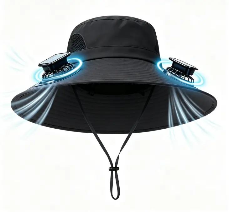 Solar Powered Dual Fan Fishing Hat Wide Brim UV Protection Sun Hat USB & Solar 2 Modes Cooling Bucket Hat for Outdoor Gardening Hiking Beach Work Men Women Summer Heat Relief Hat