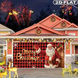 1count Vintage Santa Claus Christmas Festive Backdrops & Banners, Garage Door Decorations - Polyester Large Hanging Decoration for Indoor/Outdoor, Multipurpose Room Entryway Decor, Party Decor, Carnival Theme 71x157 Inch Banner