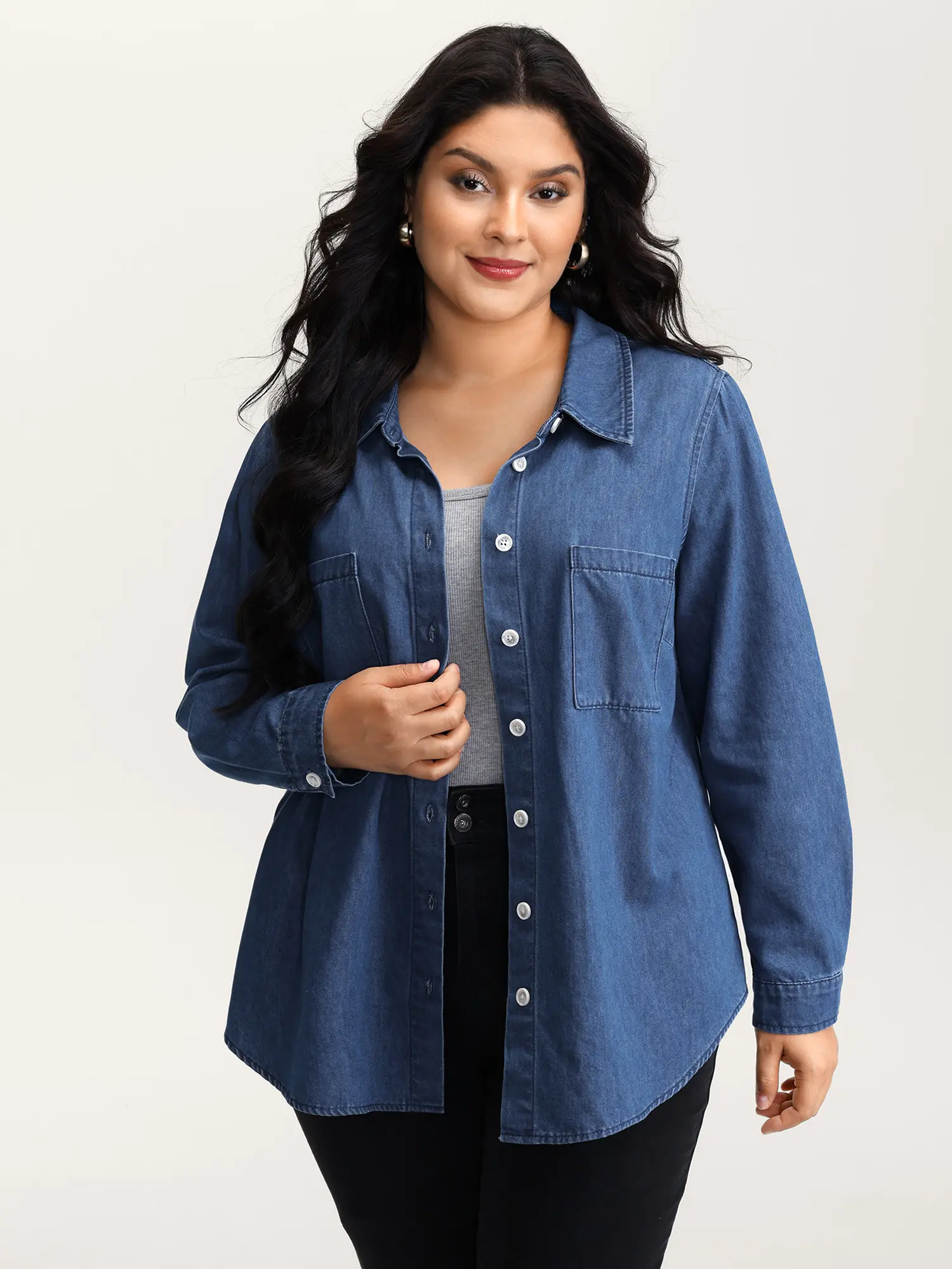 BloomChic Plus Size Casual Classy Denim Shirt, Long Sleeve Dark Wash Button-Down with a Collared Neck and Patch Pockets, Casual Classy Fashion, Non-Print, Bloom Chic Blouses & Shirts, Button Front, Easy On-Off, Tops, Open Front With Closure