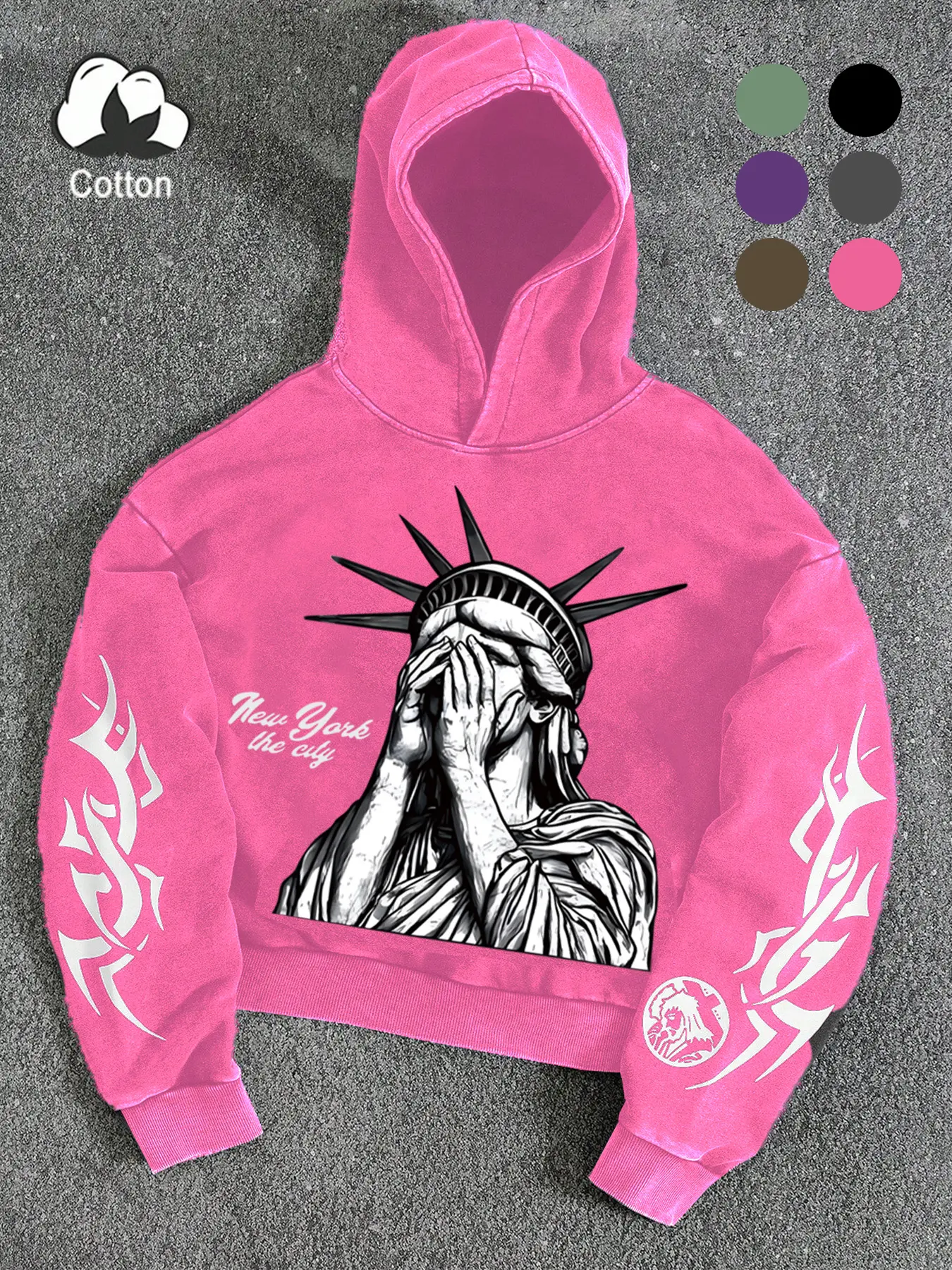 Men's High-Quality Washed Hoodie, Vintage Liberty Graphic Sweatshirt, Trendy Fashion Design, Cotton Blend Fabric, Street Style