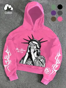 Men's High-Quality Washed Hoodie, Vintage Liberty Graphic Sweatshirt, Trendy Fashion Design, Cotton Blend Fabric, Street Style
