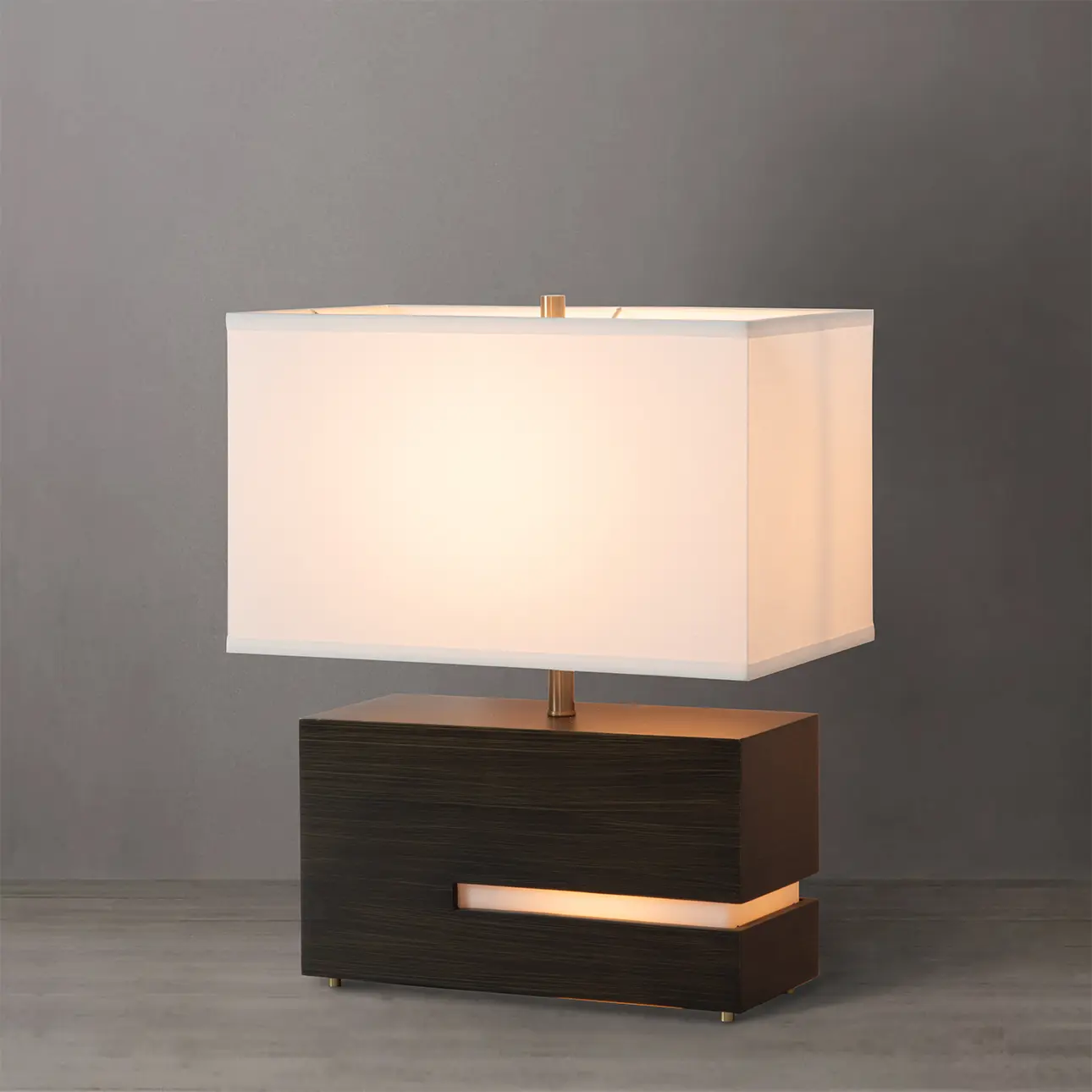Zen Reclining Table Lamp - Gilded Ebony Wood Finish, Weathered Brass, White Linen Shade