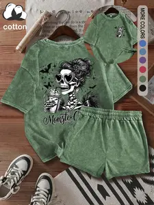 Washed cotton, two-piece women's "Momster before Coffee" Halloween skull pattern letter print T-shirt and shorts, casual short-sleeved T-shirt and shorts, women's four-season two-piece suit, women's clothing