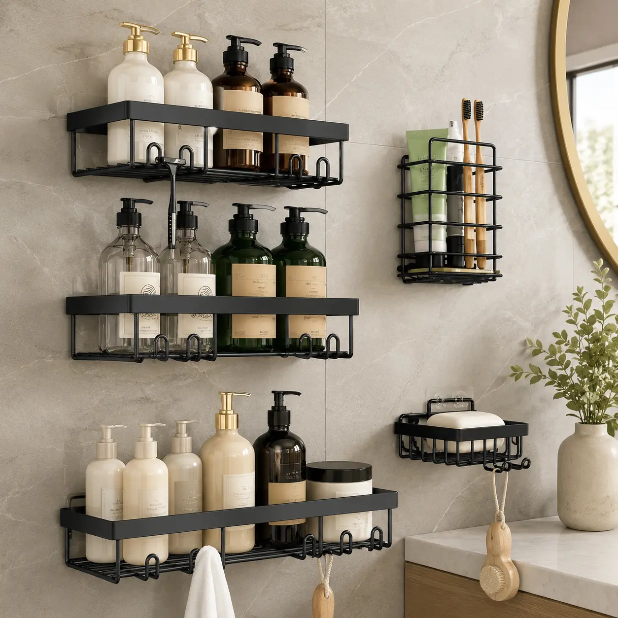 Modern Adhesive Wall-Mounted Corner Shower Organizer Shelves 5-Pack - Rust-Resistant, No-Drill, Durable Bathroom Storage for Shampoo, Soap | Modern, Multi-Piece, Piece Set Shower Accessories for Apartments, Kitchens, Modern Shower Accessories, Multi-Piece