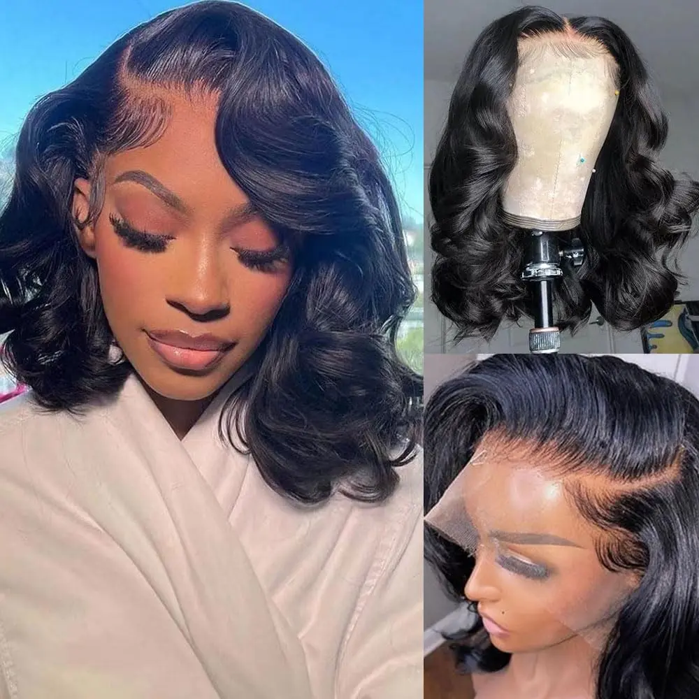 Nerkre TiktokShop 13x4 Body Wave Bob Wigs Black Human Hair Pre Plucked 180% Density HD Transparent Lace Frontal Wigs for Women Wear and Go Glueless Wigs with Baby Hair Daily Party Use Loose Wavy Wig