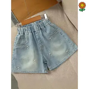 DZP-Girls' Light Blue Denim Shorts - 80% Cotton Summer Casual Shorts with Elastic Waistband, Loose Fit & Decorative Bow Accents - Breathable Youngsters' Outdoor Play Clothes