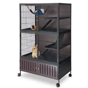 59" 5-Tier Ferret Cage with Storage Cabinet, Luxury Metal Small Animal Cage for Chinchilla Sugar Glider & Guinea Pig, Heavy Duty Critter Nation Style Habitat with Wood Panels Removable Tray & Hammock, Escape-Proof Rolling Pet Mansion, Black