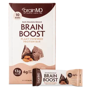 BrainMD - Brain Boost PROTEIN BAR - 10 Bars | Plant Powered PROTEIN BAR | 12g Protein Supplement Bar Snack Chocolate Peanut Butter