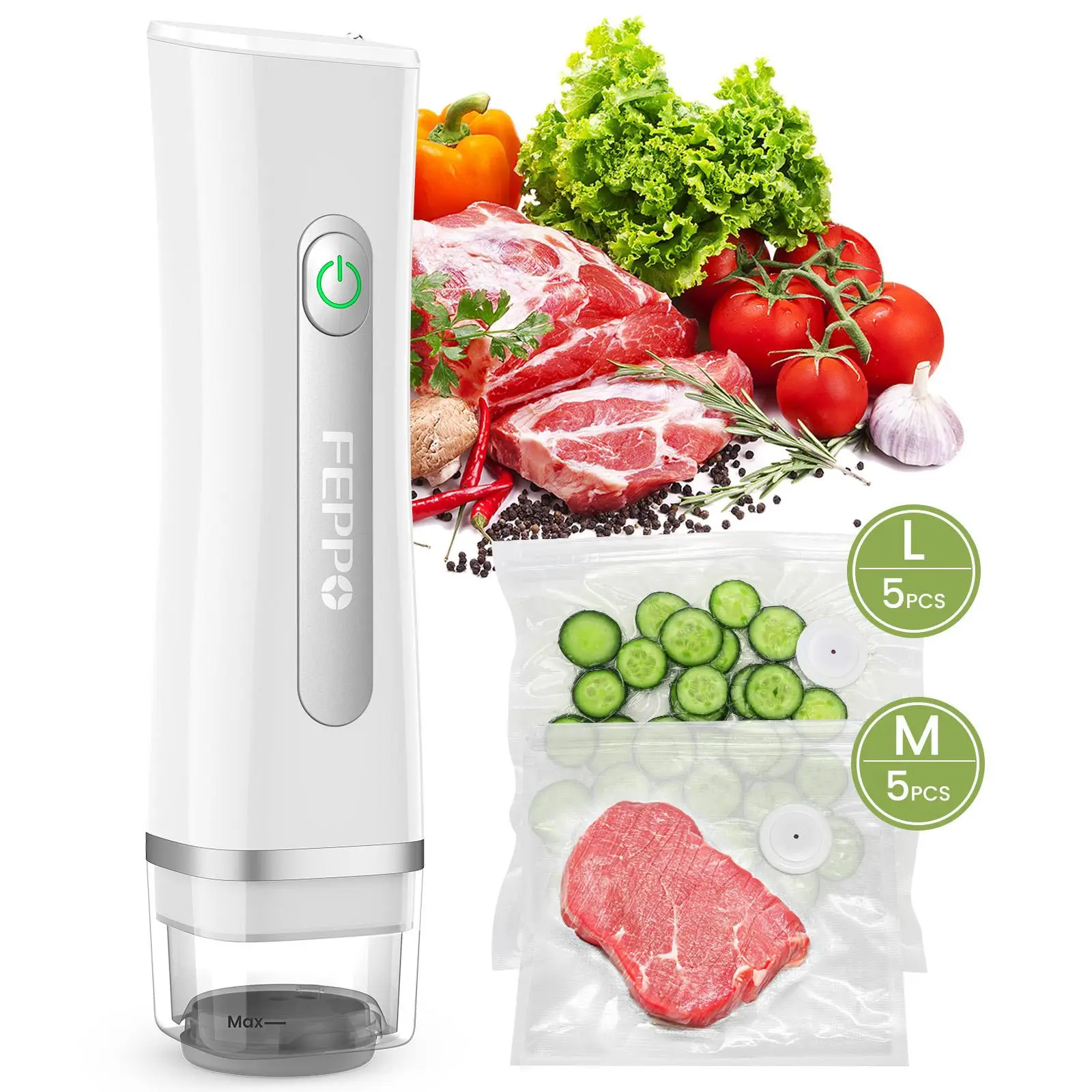 FEPPO Vacuum Sealer for Food with Visual Water Storage Tank, Handheld Saver Vacuum Sealer Machine with 30 Reusable Bags for 6X Preservation & Fresh