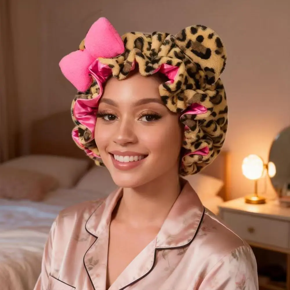 Women's Luxury Lightweight Bathroom Accessory Showercap - Breathable, Leopard Print, Satin-Lined, Adjustable 3D Teddy Bear Shape with Pink Bow, 1 Size, for Night Hair Care, Sleepovers, Themed Parties, Portable Luxury Lightweight Shower Caps