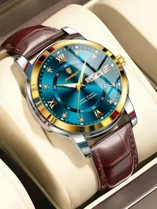 Top Luxury Men's Watch, 30m Waterproof, Blue Analog Dial, Date Week Display, Luminous Hands, Leather Strap, Quartz Movement, Quartz Wristwatch