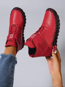 Women's Vintage Hand-Stitched Short Boots, Fleece Lined Warm Boots, Flat Non-Slip Velcro Strap Casual Shoes, Round Toe Boot