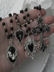 4-Piece Gothic Punk Bat Necklace Set, Cross Dark Pendant, Thorn Heart Bead Layered Necklaces, Fashion Necklace, Unisex, Edgy Gothic Punk Jewelry, Party Jewelry, Gift