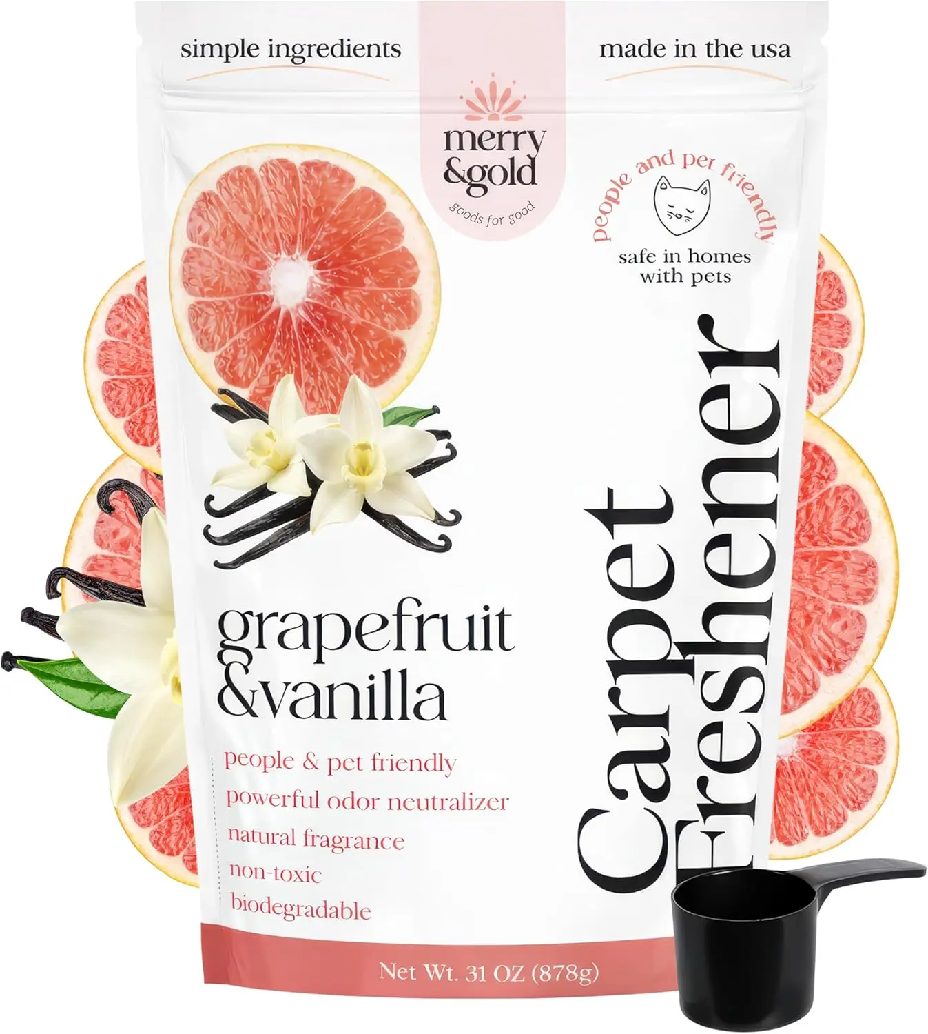 Merry & Gold 31oz Grapefruit Vanilla Carpet Freshener Deodorizer Powder - Pet Odor Eliminator for Strong Odors, Safe for Pet Homes, Made in USA with Natural Ingredients