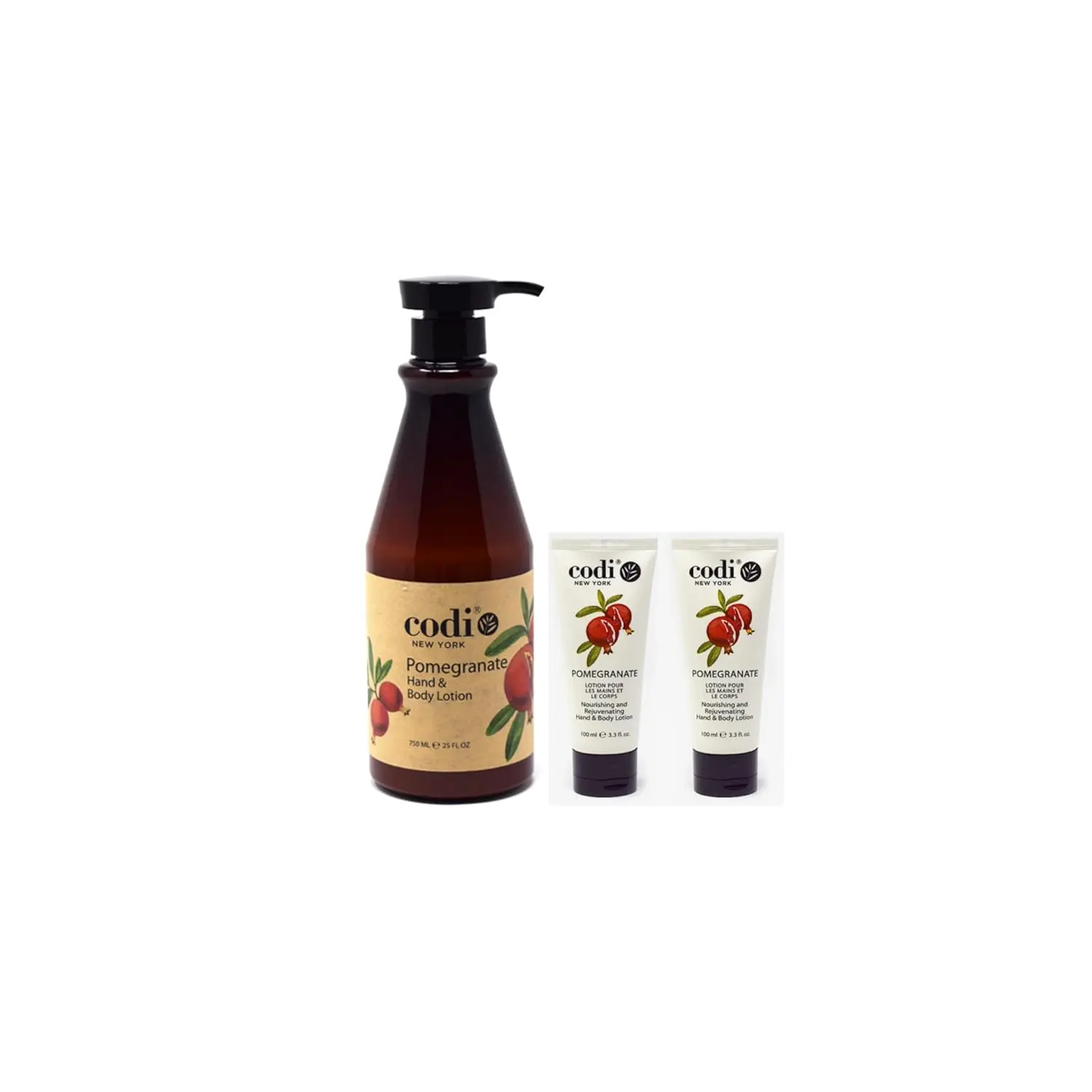 Codi Hand & Body Lotion Pack, Korean Beauty Nourishing Daily Gentle Body Care Moisturizer, Pomegranate & Cherry Scent with Natural Botanical Extracts, Non-Greasy for All Skin Types, 750mL + 2x100mL Travel Toiletries (950mL Total), Moisturizing, Natural Ex