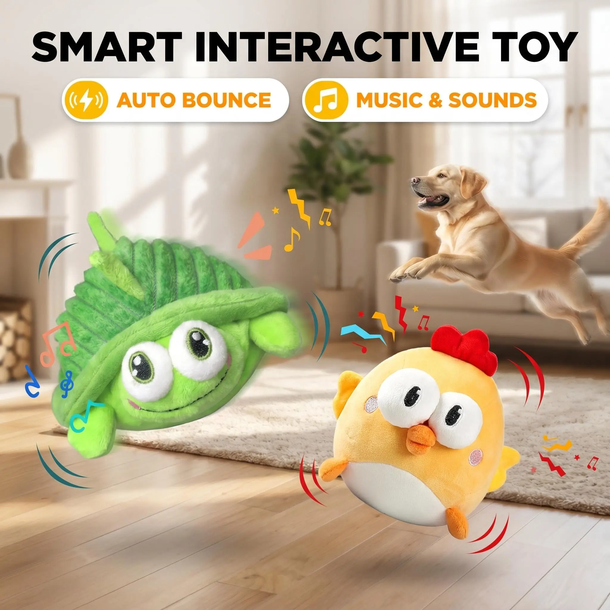GUKCO Plush Cover Interactive Dog Toy - 2-in-1 Bouncing Chick-Rolling Turtle, Voice Rec, Silent Mode, Motion Activated, Rechargeable Battery, Machine Washable, Fights Anxiety for Small-Medium Dogs