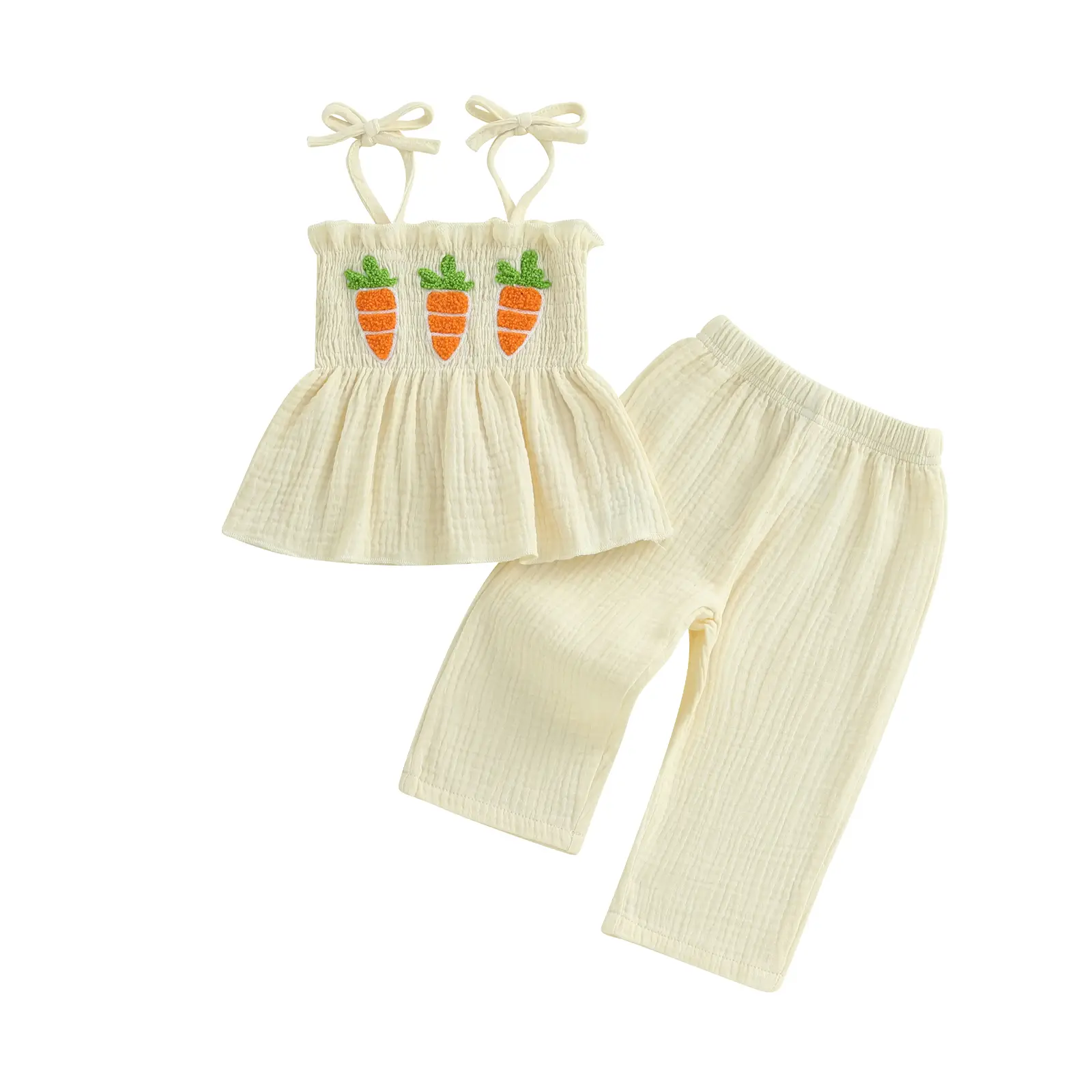 Easter Outfit Baby Girl Clothes Funny Bunny Embroidery Straps Tees Cami Tops Long Pants Toddler Girl Outfit