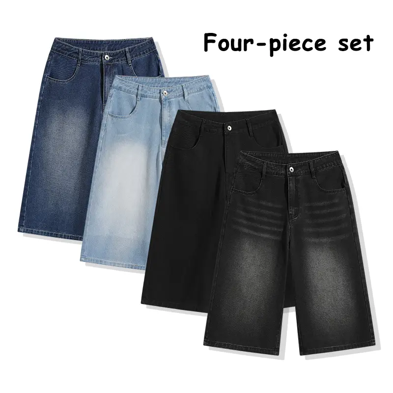 4-Pack Baggy Denim Jorts Vintage Wash Wide-Leg Streetwear Shorts for Men & Women Hip Hop Skater Casual Loose Fit Jean Shorts Multicolor Set